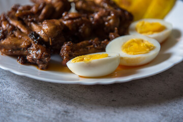 Boiled eggs and chicken with use of selective focus.