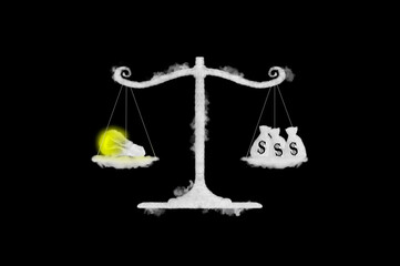 Cloud shape of light bulb idea and money on balance scale, black background. Transforming idea into cash concept.