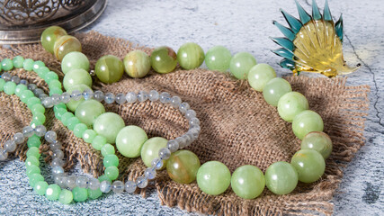 Necklace made from natural green onyx stone, agate (layered chalcedony), gray-blue Labrador beads  ...