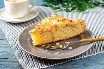 Apple cake. Traditional Norwegian apple pie. Apple pie with cinnamon and almond petals. Scandinavian baking