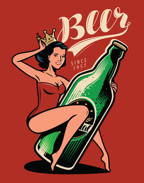 Beautiful girl with a bottle of beer drawn in pin-up style. Retro poster vector