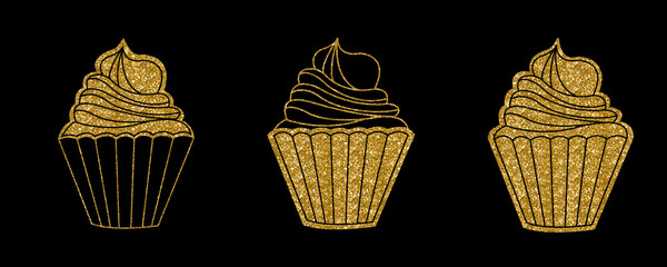 Gold set of glitter cupcakes for bakery logo. Golden icon, sweet logo isolated on black background