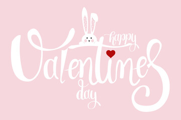 Happy Valentines day lettering with cute rabbit and red heart on pink background. Vector text