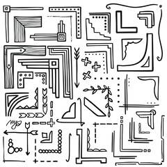 Hand drawn frame corners. Bullet journal web visual note sketch elements. Isolated graphic vector object set.