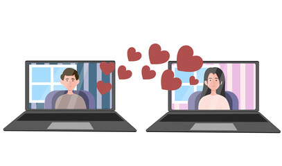 Valentine's Day. Lovers celebrating online. Video call from laptop. Self-isolation holiday. Vector illustration isolated on white background.