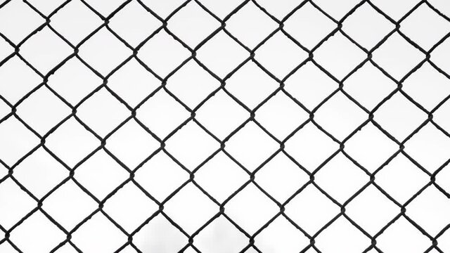 Black metal wire fence with rhombuses in park, view on white sky through it, camera in motion. Background, texture with metal grid and overcast sky in autumn day.