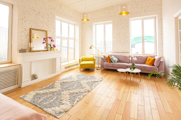 Scandinavian style apartment interior. bright yellow warm colors. wooden flooring. sunlight in large windows.