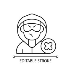 Block or mute harasser linear icon. Ban internet troll. Stop anonymous online stalker. Thin line customizable illustration. Contour symbol. Vector isolated outline drawing. Editable stroke