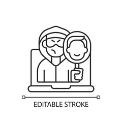 Online impersonation linear icon. Cyberbullying and cyberharassment. Internet crime. Thin line customizable illustration. Contour symbol. Vector isolated outline drawing. Editable stroke