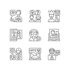 Social media bullying linear icons set. LGBT cyberbullying. Talk to someone. Help for abuse victim. Customizable thin line contour symbols. Isolated vector outline illustrations. Editable stroke