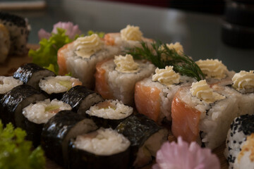 sushi rolls set on a table 
