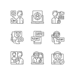 Online harassment and bullying linear icons set. Weight-base cyberbullying and bodyshaming. Customizable thin line contour symbols. Isolated vector outline illustrations. Editable stroke