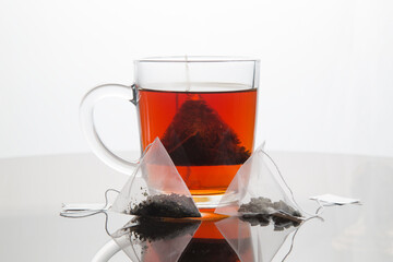 Pyramid-shaped tea bags.Homemade tea party.