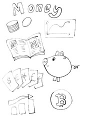 ink money set coins banknotes newspaper graphics bitcoin pig piggy bank