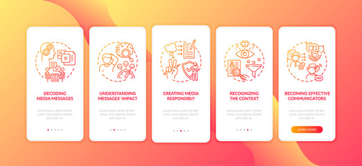 Media knowledgeability onboarding mobile app page screen with concepts. Messages impact, media responsibility walkthrough 5 steps graphic instructions. UI vector template with RGB color illustrations