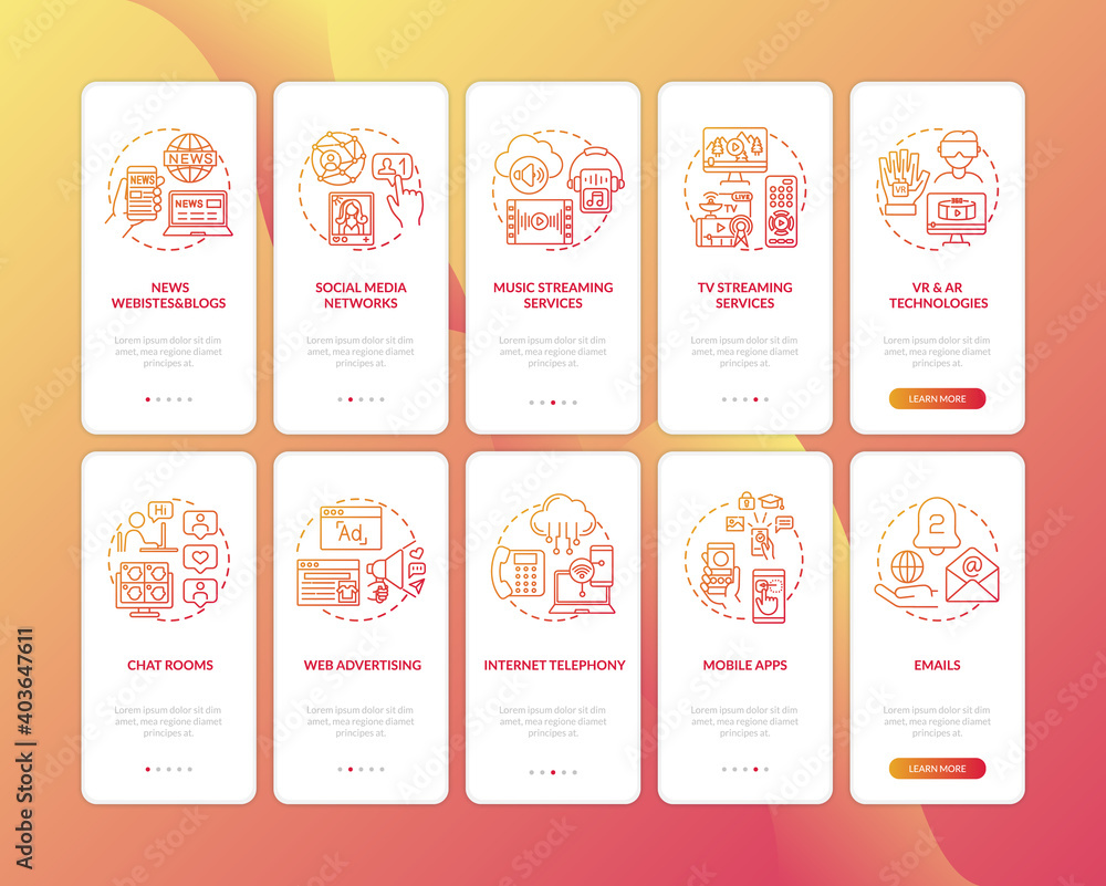 Poster new media variety onboarding mobile app page screen with concepts set. music and tv stream, vr, ar t