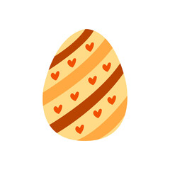 Easter egg decorated with colorful stripes and hearts. Traditional food for the Orthodox and Catholic holidays. Happy easter. Colorful vector illustration isolated. Icon or card flat
