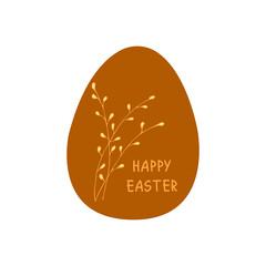 Easter egg decorated with willow twigs and the inscription Happy easter. Traditional food for the Orthodox and Catholic holidays. Palm sunday. Colorful vector illustration isolated. Icon or card flat