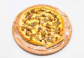 Whole mushroom Pizza served on wooden board, isolated on white background. Vegetarian Dish with cream sauce and several types of mushrooms include champignons