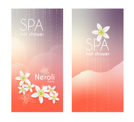 Branding promotion advertising spa, beauty treatment or aromatherapy template with white neroli orange flowers, shower waterflow and steam on background