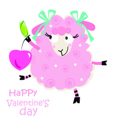 Funny cartoon sheep jumping with cherry valentine card