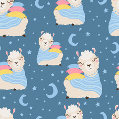 Seamless pattern with lama sleeping on pillows and moon, starry sky. Background with funny Alpaca babies for textiles, children's clothing, Wallpaper. Vector illustration