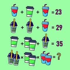 Mathematical riddle, educational game for children and adults, rebus.Riddle for the mind. Riddle with numbers. Vector. Mathematical rebus. Result. Crossword for social networks