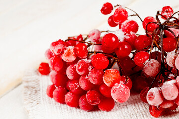 Twigs of ripe red viburnum frozen and sprinkled with snow, lying on a white wooden surface.