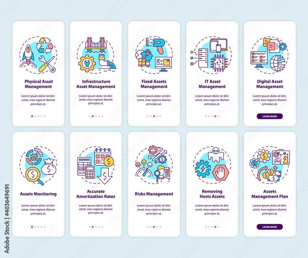 Poster increasing invested assets onboarding mobile app page screen with concepts set. am benefits walkthro
