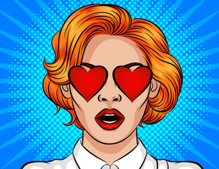 Color vector poster in pop art style. Girl with red hair on a blue halftone background. The girl is in love. Valentines day card