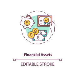 Fototapeta premium Financial assets concept icon. Intangible assets type idea thin line illustration. Cash, stocks, bonds. Mutual funds and bank deposits. Vector isolated outline RGB color drawing. Editable stroke