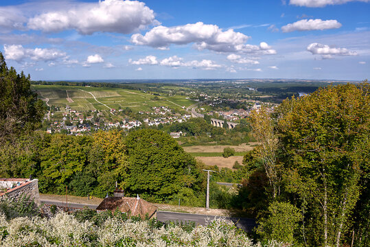 Aerial view of Saint-Satur and its viaduct seen from town Sancerre. Saint-Satur is a commune in the Cher department in central France