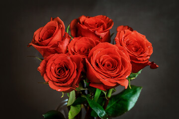 Bouquet of beautiful red roses on black background.
