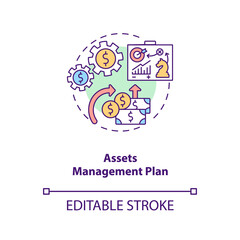 Assets management plan concept icon. AM benefit idea thin line illustration. Calculating life-cycle costs. Long-term financial planning. Vector isolated outline RGB color drawing. Editable stroke