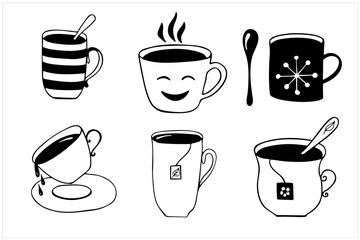 Set of mugs and cups. Isolated simple hand drawn vector illustrations in black and white.