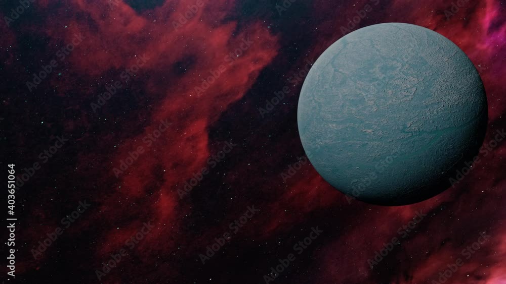 Poster space traveling video. 4k 3d rendering. blue alien outer planets over a glowing red nebula cloud. et