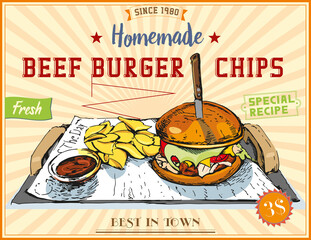Illustration of beef burger, chips and sauce. Fast food. Vintage burger poster.