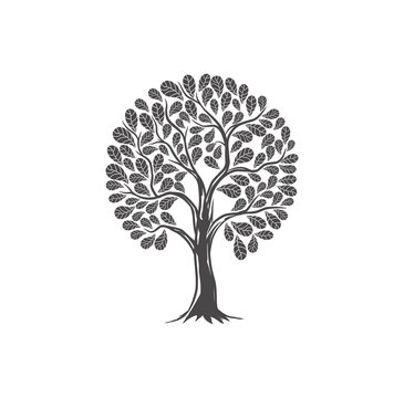 Abstract tree silhouette with circular shape, tree logo design inspirations.