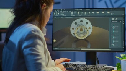 Woman architect working in modern cad program overtime sitting at desk in start-up business office. Industrial employee studying prototype idea on computer showing cad software on device display