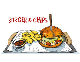 Illustration of beef burger, chips and sauce. Fast food. Vintage burger poster.