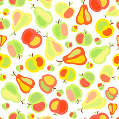 Fruit seamless pattern. Apples and pears friuts illustration. Juicy green, yellow and orange fruits.
