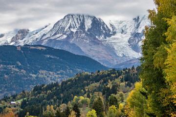 French Alps in autumn. Road near Megeve, France, Europe. The mountains of Haute Savoie near...