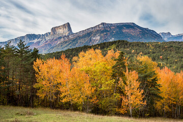 French countryside. Clelles: view of the heights of the Vercors, the marly hills and the valley Val...
