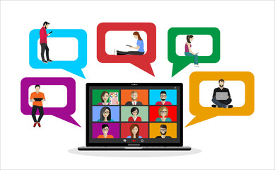 Video call conference concept. Young people making video call through virtual user interface window. Working from home. Social distancing. Remote project management. Vector isolated illustration