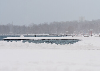 City embankment in Petrozavodsk (Republic of Karelia, northwest of Russia) after a snowfall