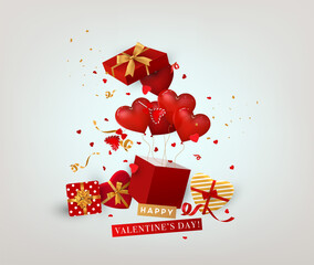 Vector Happy Valentine's day illustration. Romantic greeting card with balloons, candies and gifts.