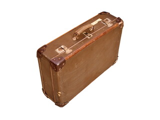 Old leather brown vintage retro travel suitcase isolated on white background.  Symbol and concept of travel. Adventure time.  