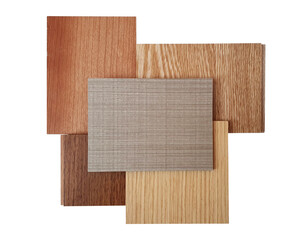 group of wooden laminated or veneer and engineer flooring samples from different types of wood, different colors and textures for the designer's work. isolated on white background with clipping path.