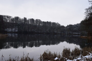 spiegelglattes Holzmaar im Winter
