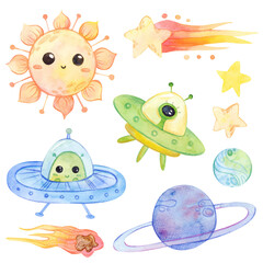 Watercolor cartoon illustration. Galactic travel set. Sun, aliens, spaceship, stars, planets, comet. Isolated on white background.